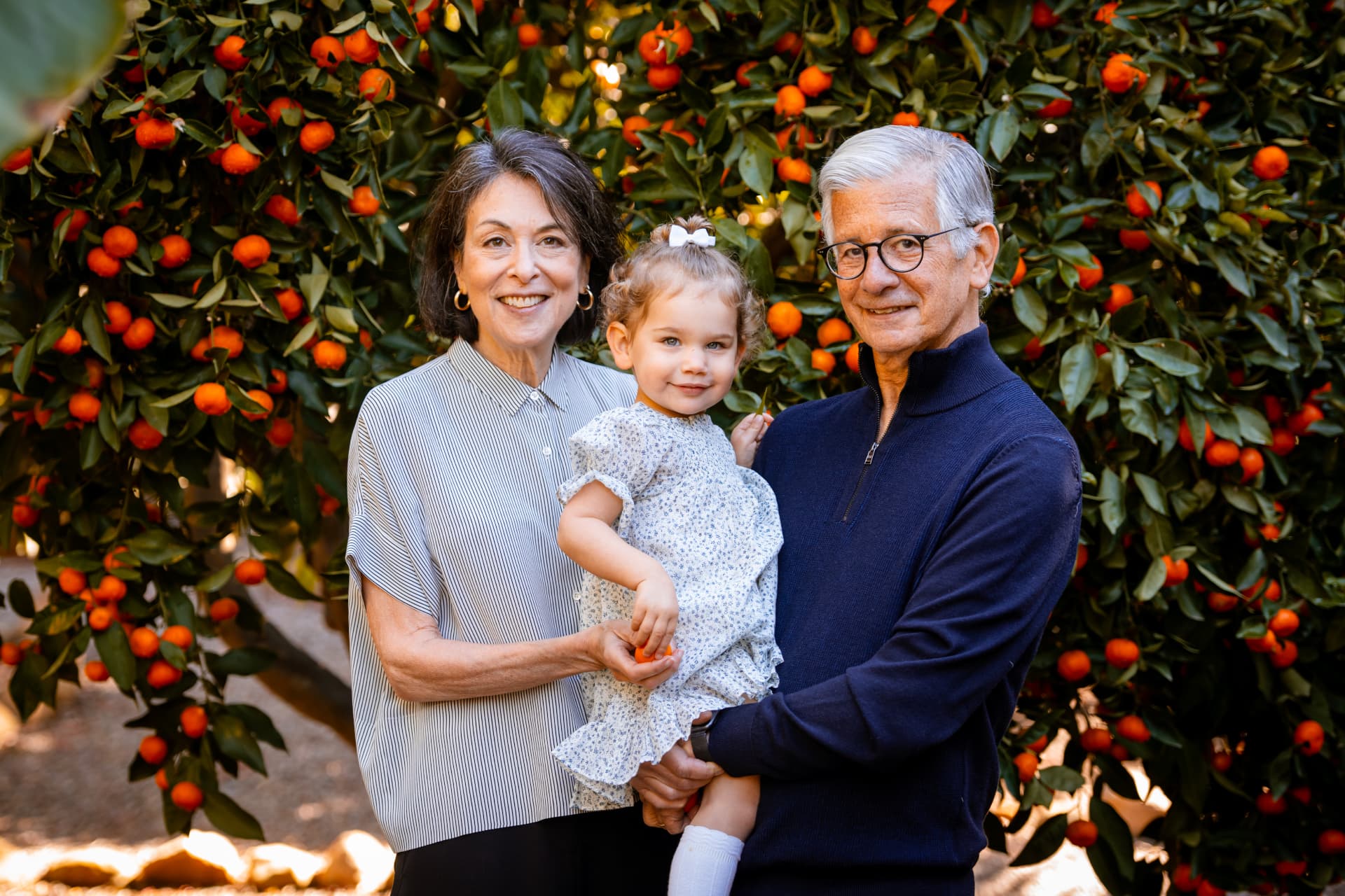 Grandparents holding their granddaughter in front of a citrus tree